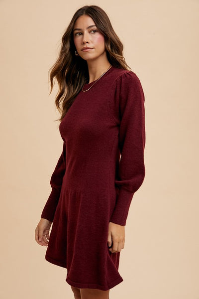 Burgundy Puff Sleeve Sweater Dress