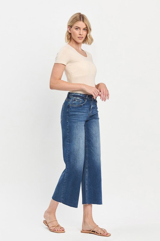 High Rise Raw Hem Wide Leg Jeans