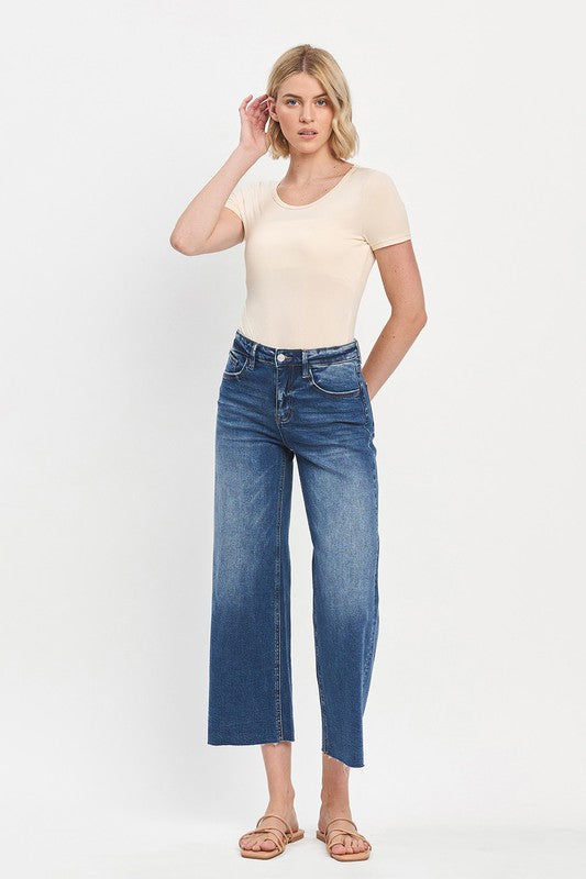 High Rise Raw Hem Wide Leg Jeans