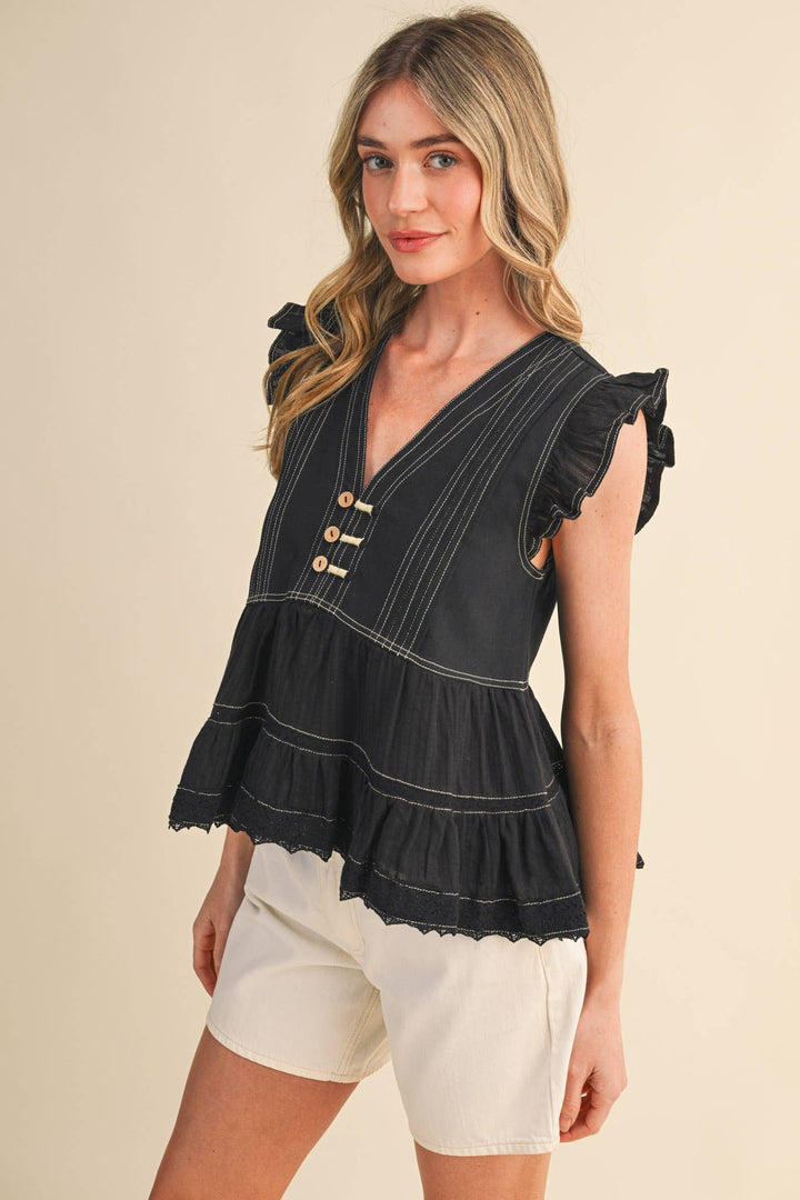 Black Stitch Lace Trim Top