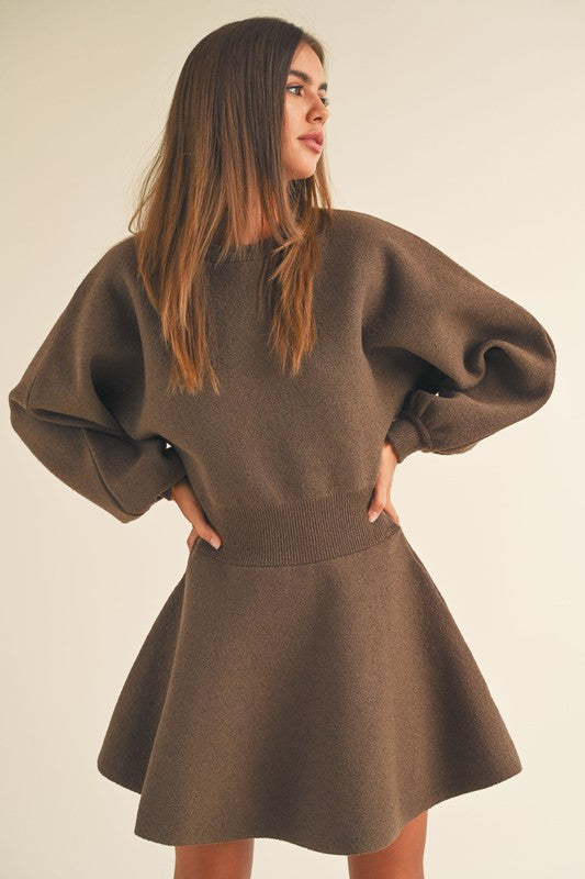 Mocha Balloon Sleeve Sweater Dress