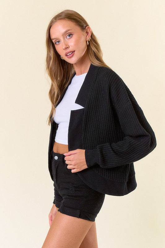 Black Waffle Knit Cardigan
