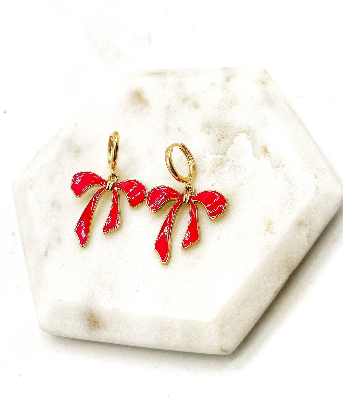 Red Bow Huggie Hoop Earrings