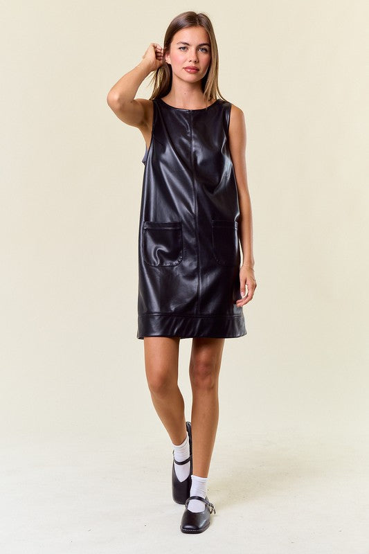 Black Faux Leather Sleeveless Mini Dress