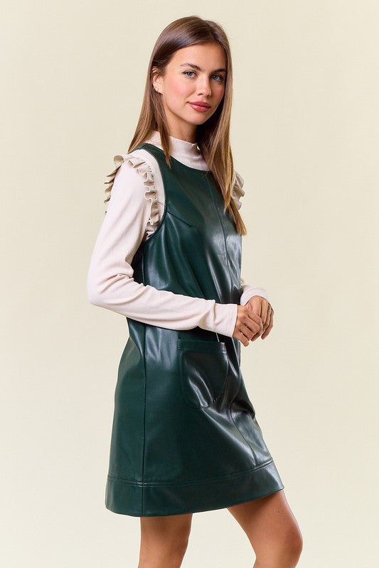 Dark Green Faux Leather Sleeveless Mini Dress