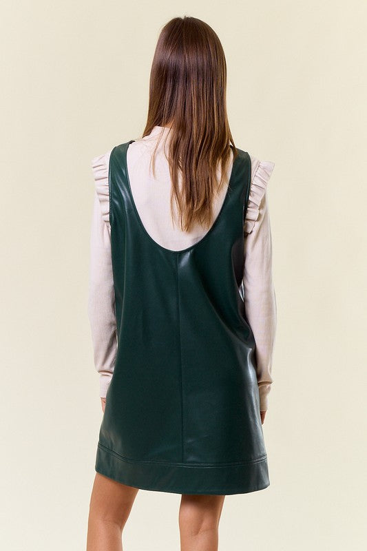 Dark Green Faux Leather Sleeveless Mini Dress