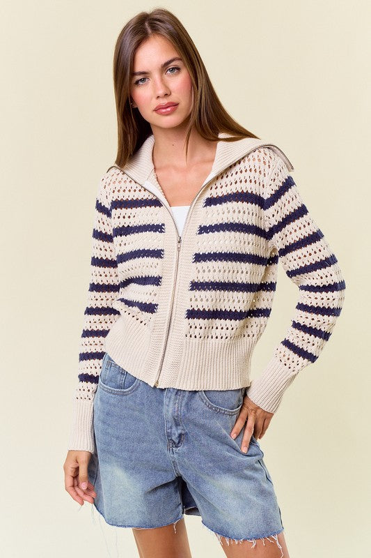 Oat Striped Zip Up Sweater