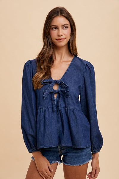 Dark Denim Tie Front Peplum Blouse