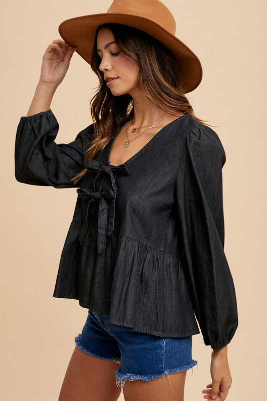 Black Denim Tie Front Peplum Blouse