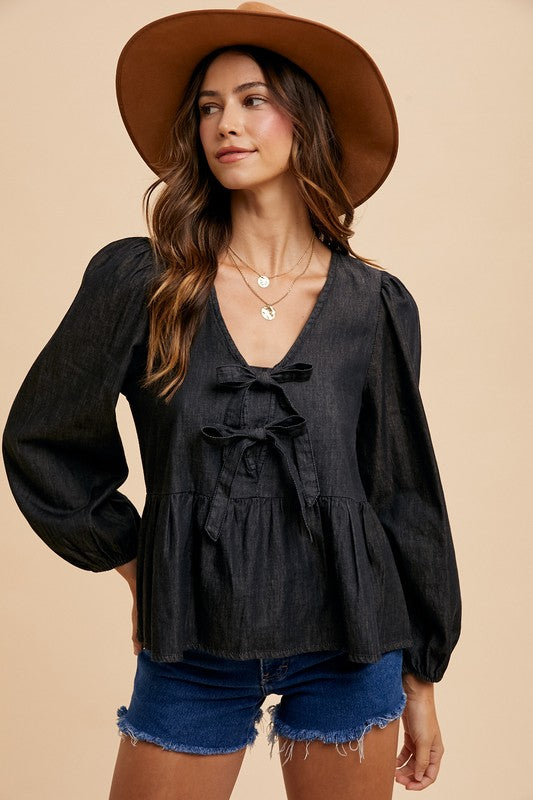 Black Denim Tie Front Peplum Blouse