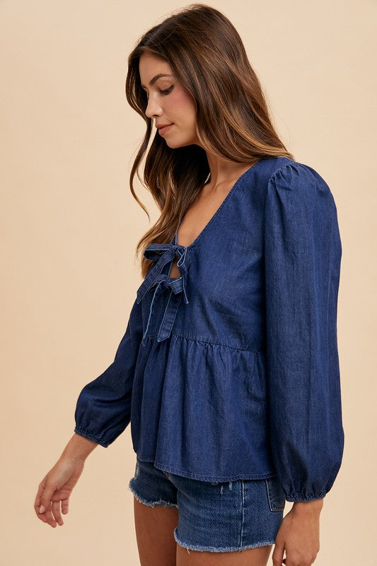 Dark Denim Tie Front Peplum Blouse