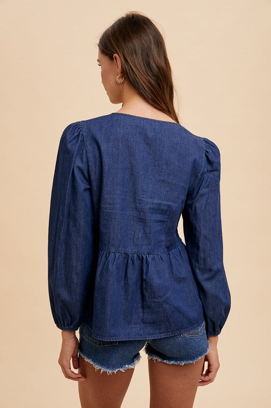 Dark Denim Tie Front Peplum Blouse