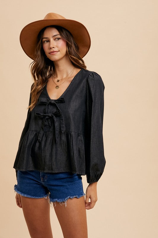 Black Denim Tie Front Peplum Blouse