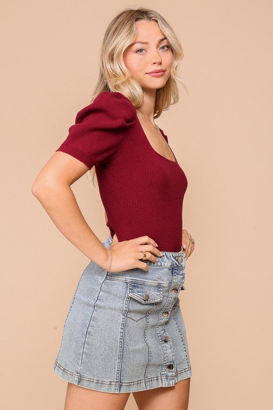 Burgundy Puff Sleeve Sweater Top