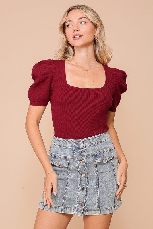 Burgundy Puff Sleeve Sweater Top
