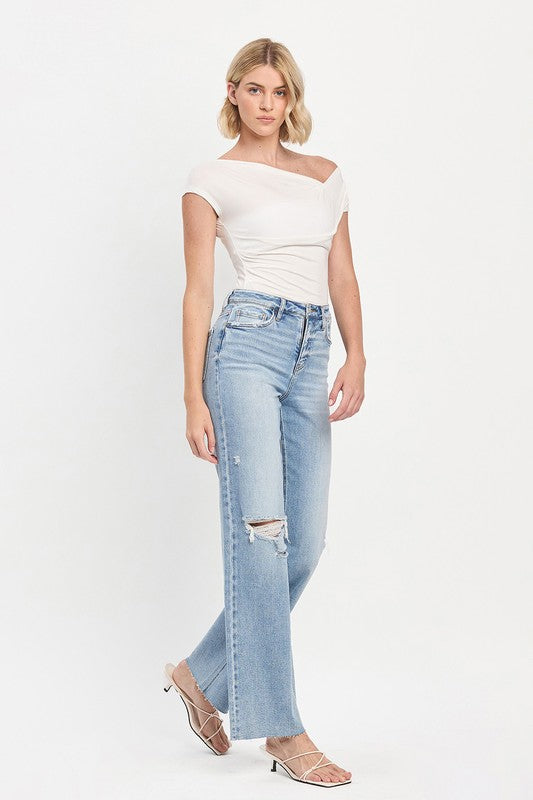 High Rise Raw Hem Wide Leg Jeans