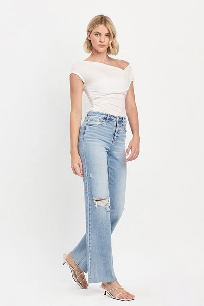 High Rise Raw Hem Wide Leg Jeans