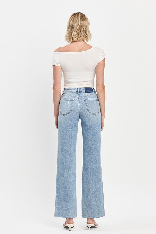 High Rise Raw Hem Wide Leg Jeans