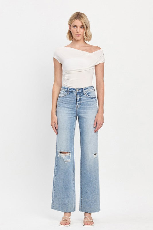 High Rise Raw Hem Wide Leg Jeans