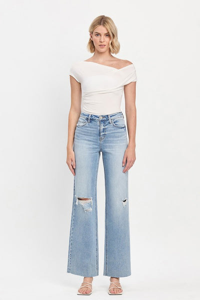 High Rise Raw Hem Wide Leg Jeans