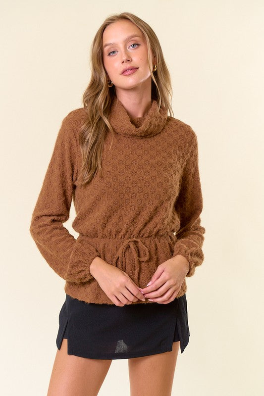 Coffee Floral Lace Turtle Neck Top