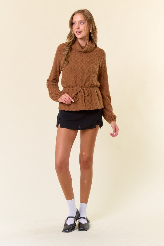 Coffee Floral Lace Turtle Neck Top