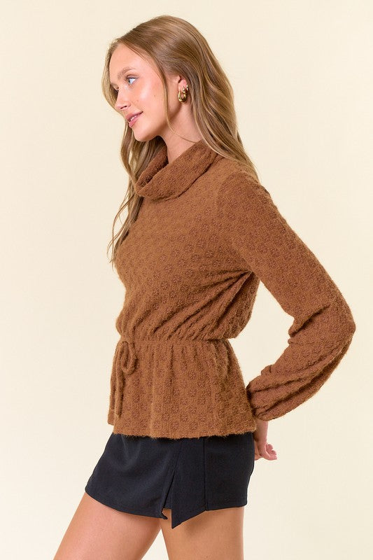 Coffee Floral Lace Turtle Neck Top