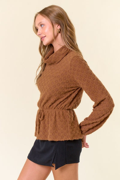 Coffee Floral Lace Turtle Neck Top
