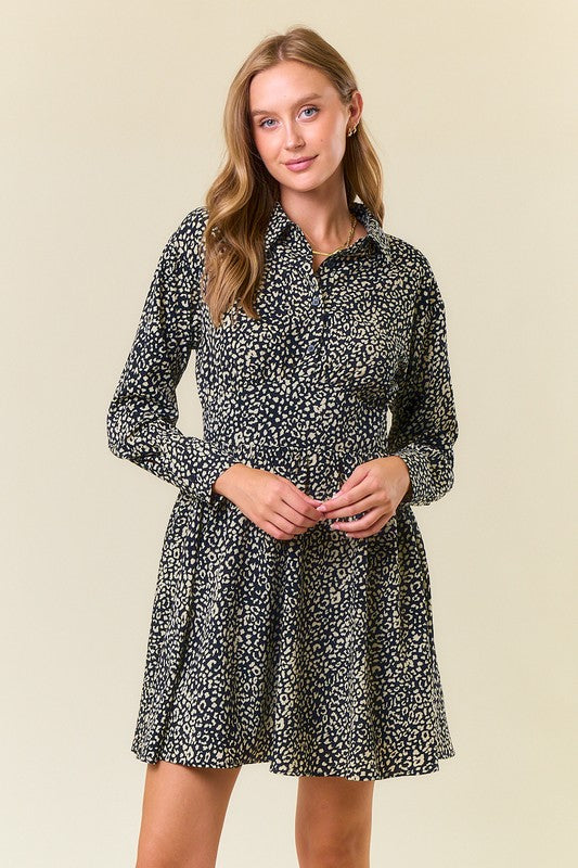 Black Animal Print Long Sleeve Mini Dress