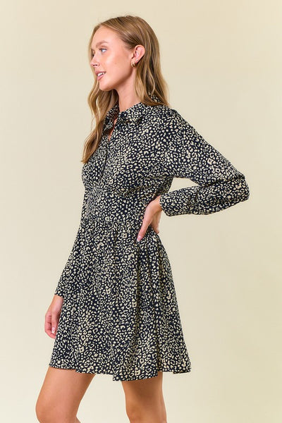 Black Animal Print Long Sleeve Mini Dress