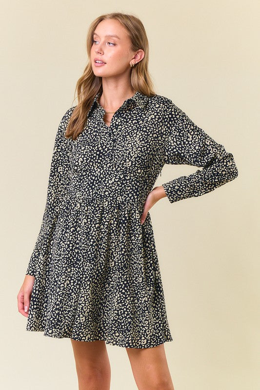 Black Animal Print Long Sleeve Mini Dress