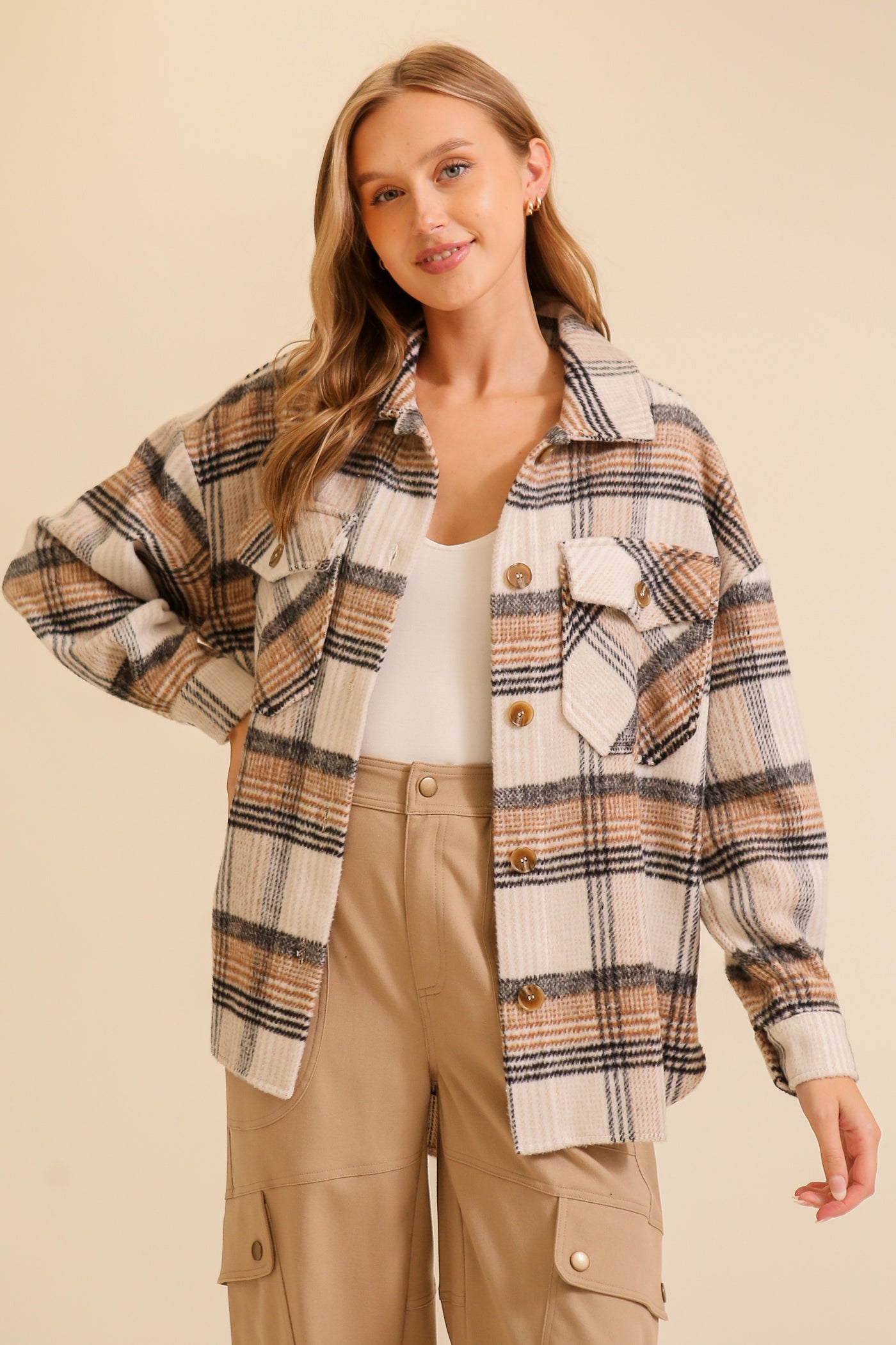 Taupe Plaid Print Shacket