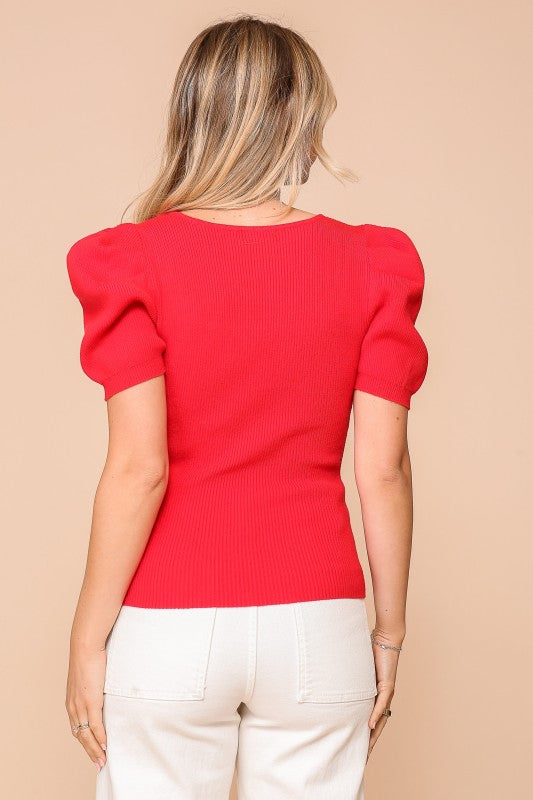 Red Puff Sleeve Ribbed Knit Top