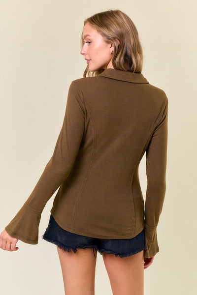 Olive Snap Button Bell Sleeve Top