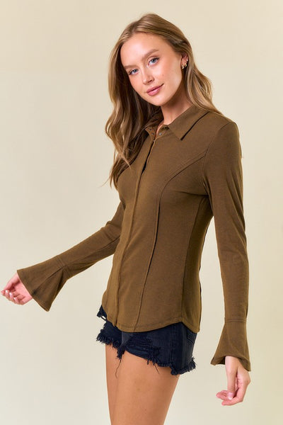Olive Snap Button Bell Sleeve Top