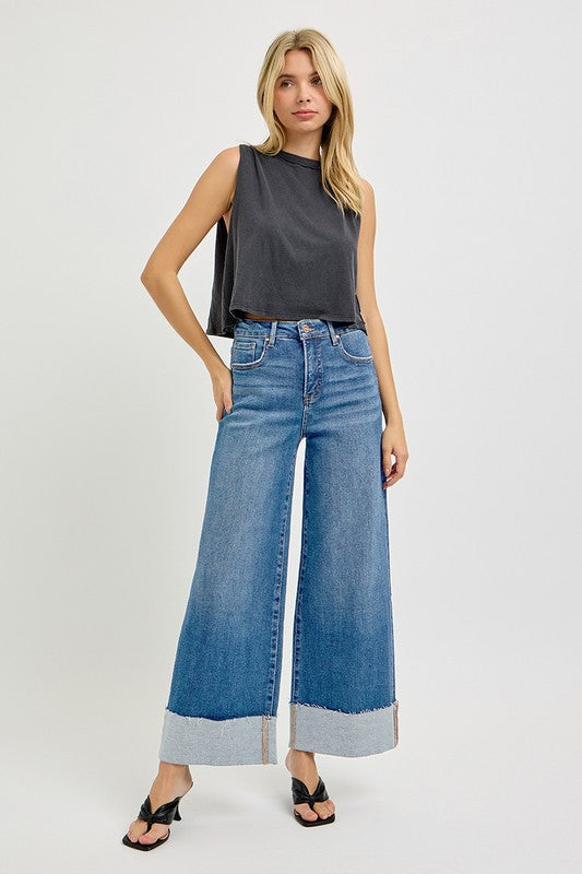 Risen High Rise Crop Wide Cuffed Jeans