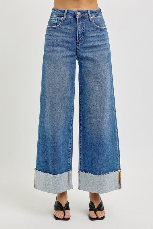 Risen High Rise Crop Wide Cuffed Jeans