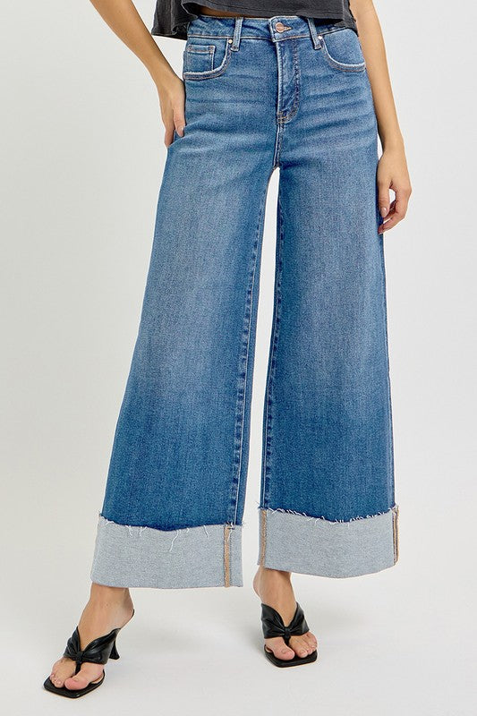 Risen High Rise Crop Wide Cuffed Jeans