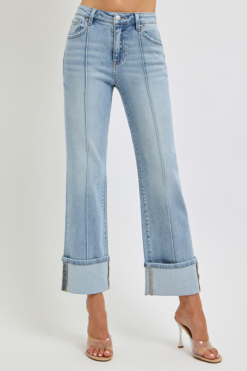 Risen High Rise Ankle Straight Cuffed Jeans