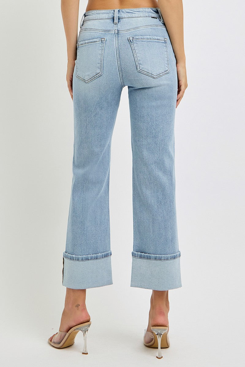 Risen High Rise Ankle Straight Cuffed Jeans