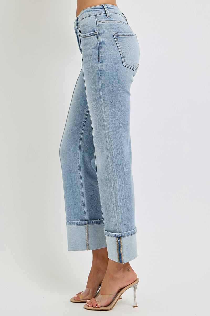 Risen High Rise Ankle Straight Cuffed Jeans