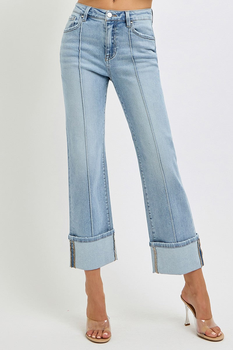 Risen High Rise Ankle Straight Cuffed Jeans