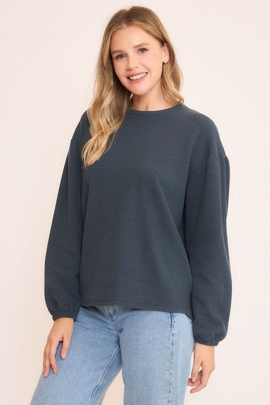 Midnight Navy Seersucker Long Sleeve Top