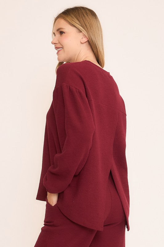Merlot Seersucker Long Sleeve Top