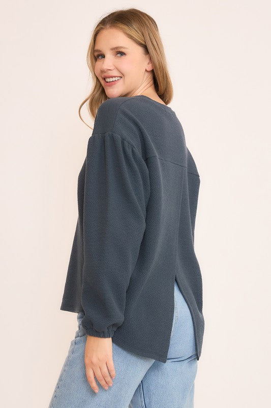 Midnight Navy Seersucker Long Sleeve Top