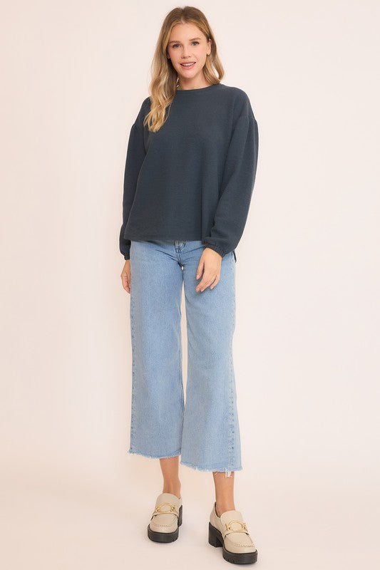 Midnight Navy Seersucker Long Sleeve Top
