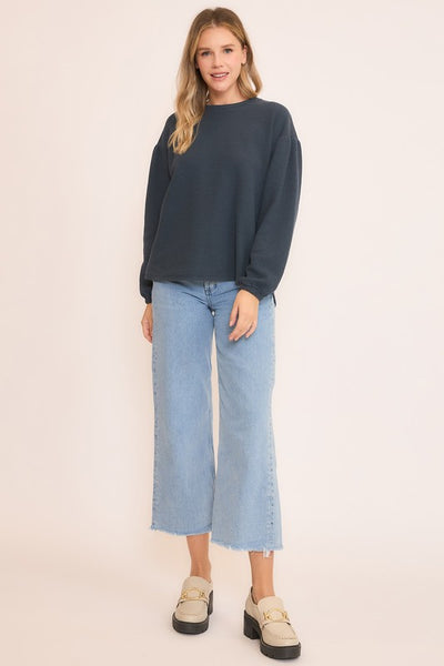 Midnight Navy Seersucker Long Sleeve Top