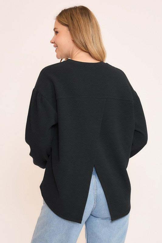 Black Seersucker Long Sleeve Top