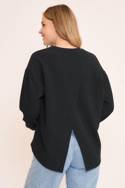 Black Seersucker Long Sleeve Top