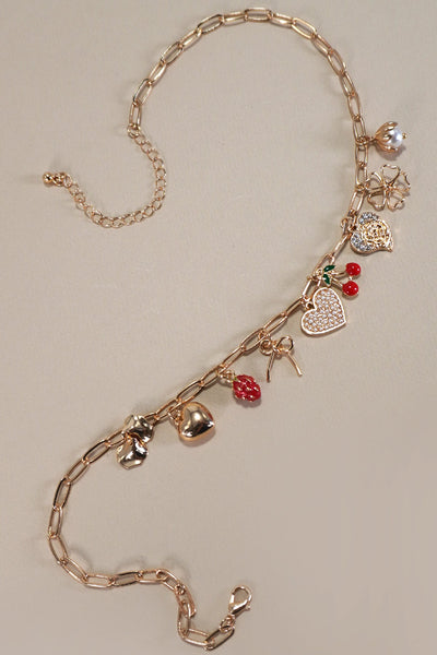 Gold Cherry Charm Link Necklace